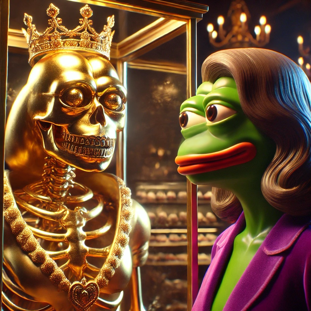Pepavaggio figure facing a crowned golden skeleton in a gilded mirror