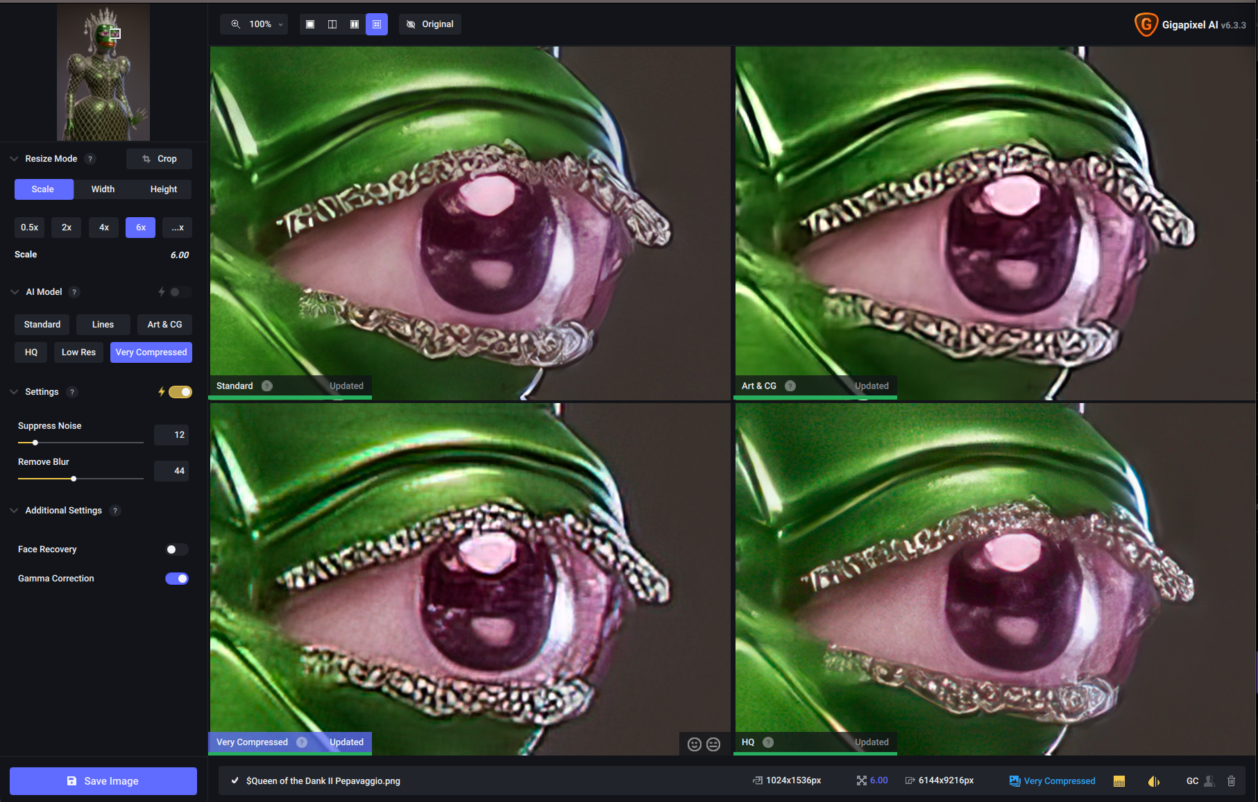 Software screenshot showing AI upscaling of Queen of the Danked, eye detail