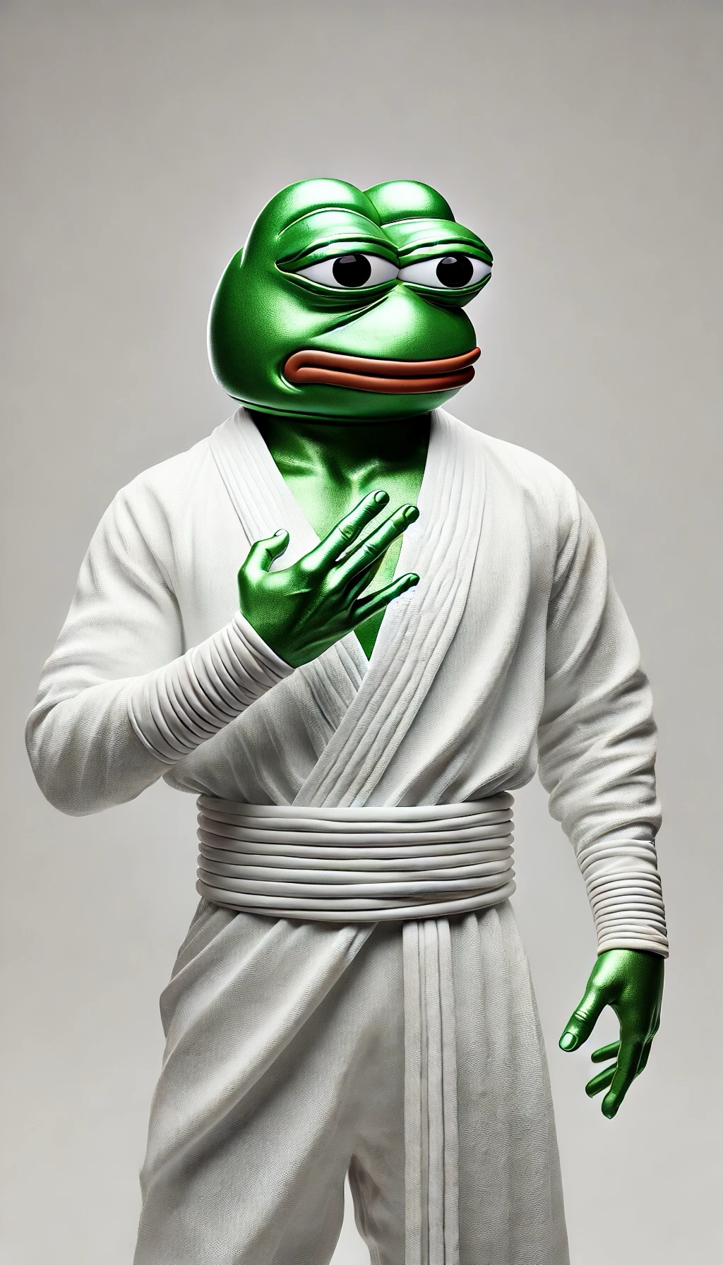 Pepavaggio in white gi-style robe with a gentle raised hand