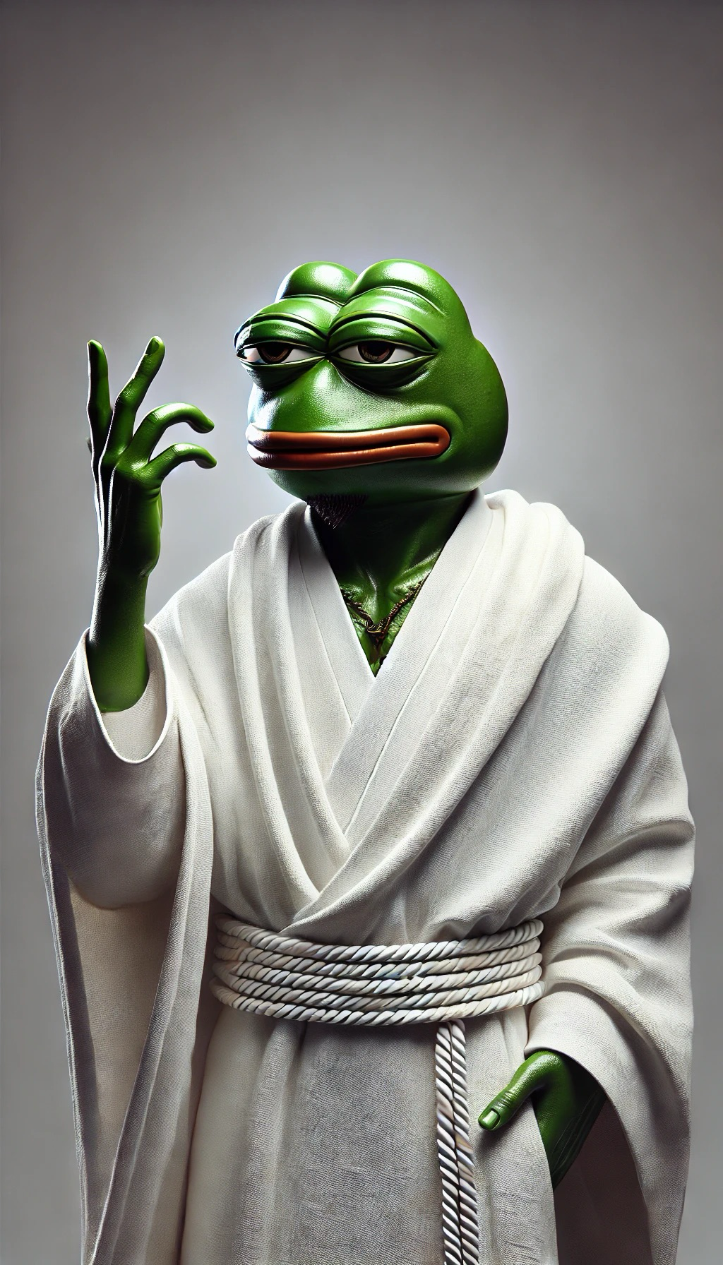 Pepavaggio in white robe with fingers raised in a calm gesture