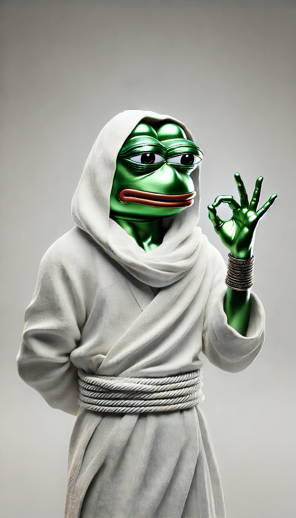 Pepavaggio in white hooded robe making an ok hand gesture