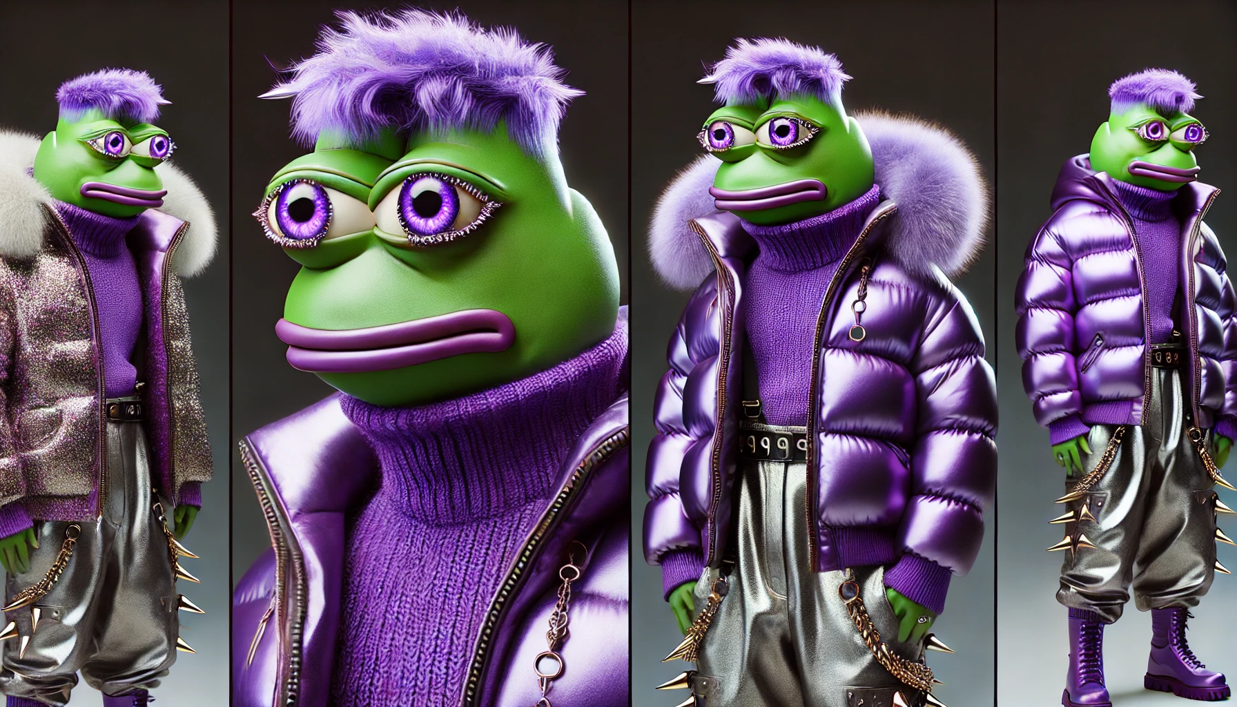 Purple-furred Las Pepas figure in luxury streetwear