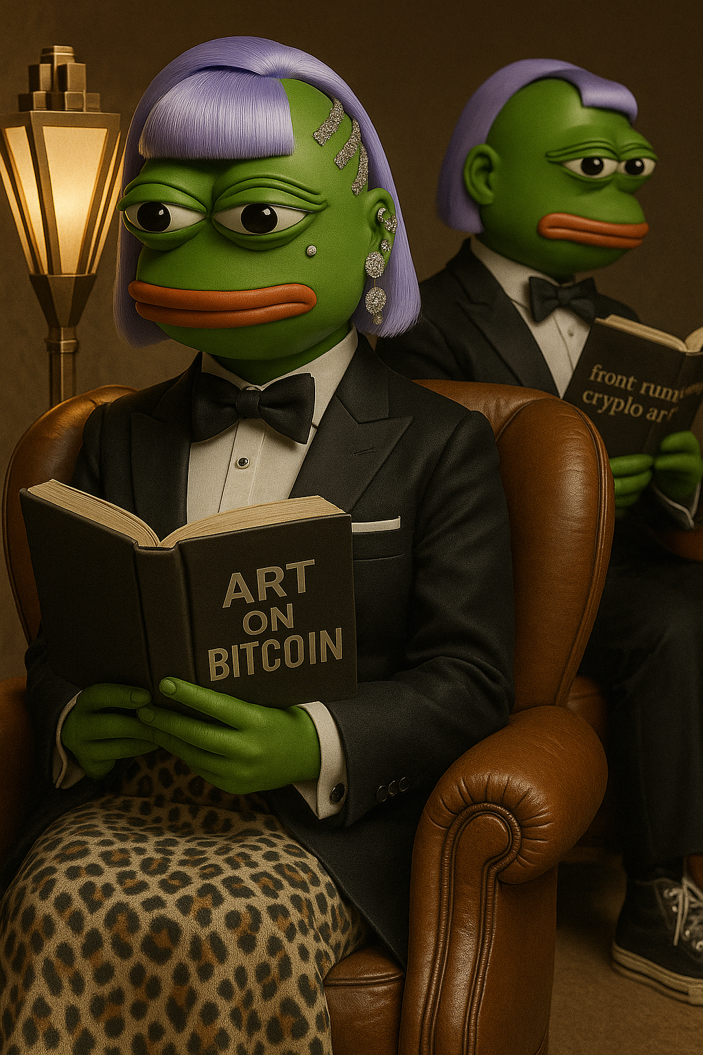 Two tuxedoed Las Pepas figures reading books titled Art on Bitcoin
