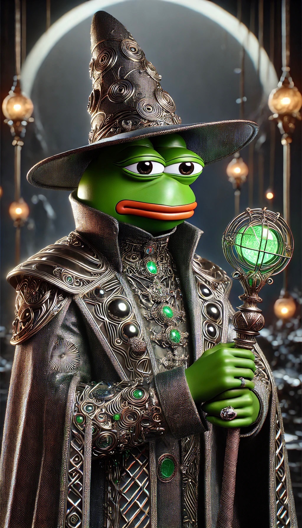 Wizard-hatted Pepavaggio figure holding a caged glowing orb