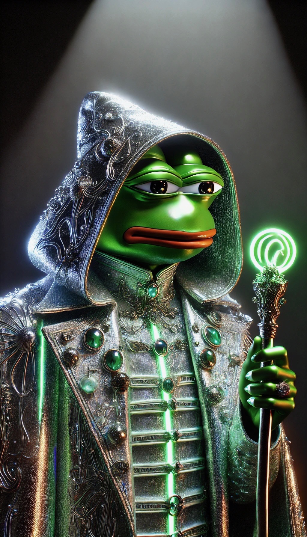 Hooded silver-armored Pepavaggio sorcerer with a glowing green staff
