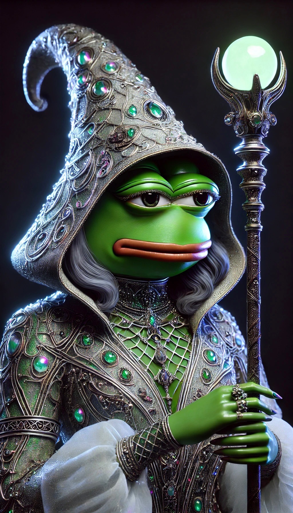 Hooded jeweled Pepavaggio sorcerer figure holding a glowing orb staff