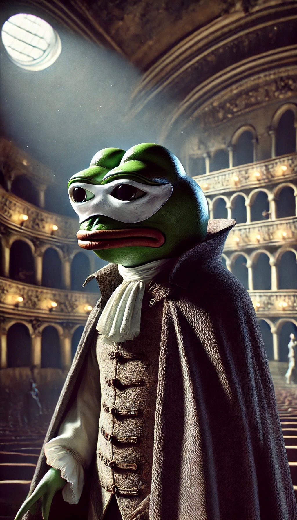 Vampiric Pepavaggio figure in an opera house under moonlight