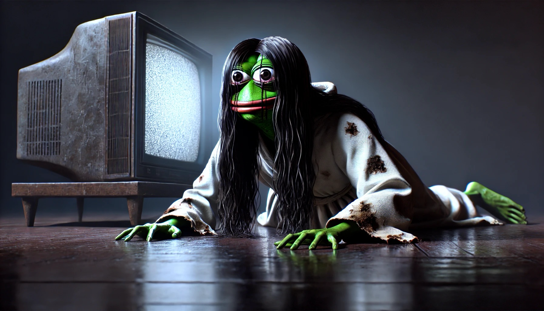 Sadako/Grudge-styled Pepavaggio figure crawling toward a static TV